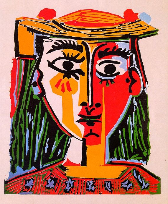 Bust of a woman with a hat(1962,colored linocut )