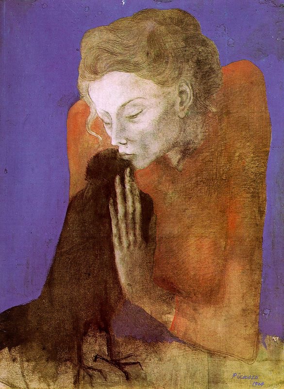 Woman with a crow(1904,charcoal,pastel and watercolor on paper