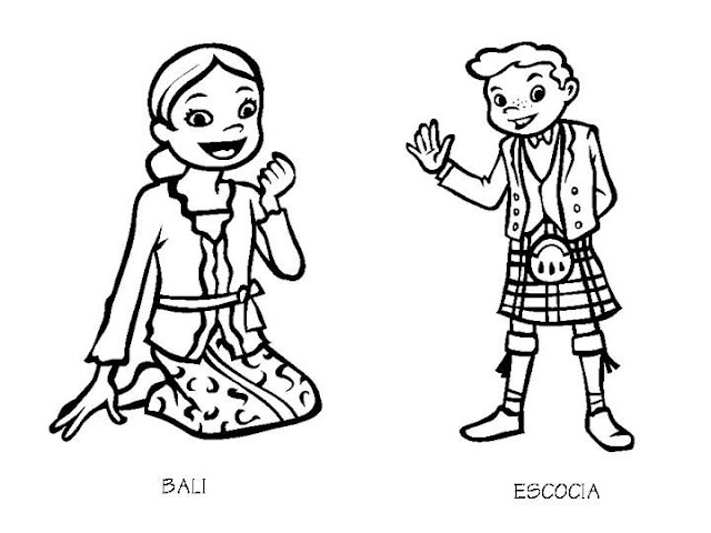 Costumes of Bali and Scotland coloring pages