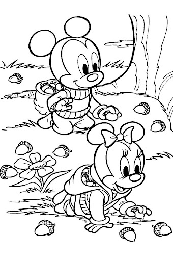 Baby Mickey y Baby Minnie Recogiendo Bellotas para colorear