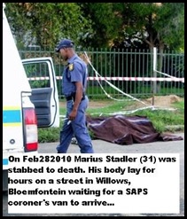 Stadler Marius 31 murdered Bloemfontein body lay on street for hours
