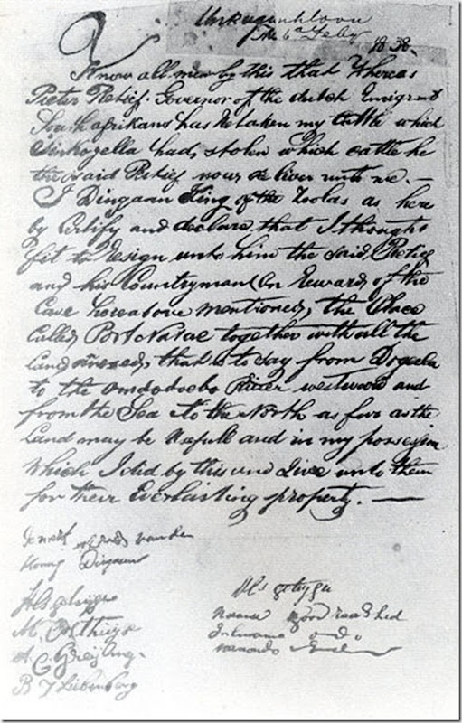 Boer leader Piet Retief treaty with Zulu King Dingane_1838
