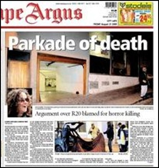Gebhardt Kristina murdered over R20 parking row Cape Argus Aug 23 2009