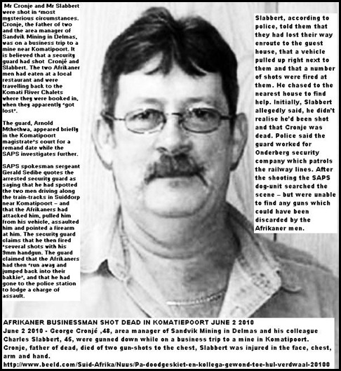 Cronje George shot dead Komatipoort June22010 Sandvik Mining Delmas manager