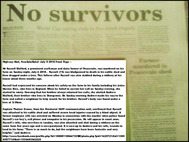 Walford Russell Murdered July 4 2010 PEACEVALE KZN HighwayMailFrontPage2