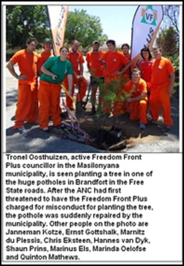 Brandfort AFRIKANER TAXPAYERS PLANT TREES IN POTHOLES NOV 13 2010 PEACEFUL PROTEST