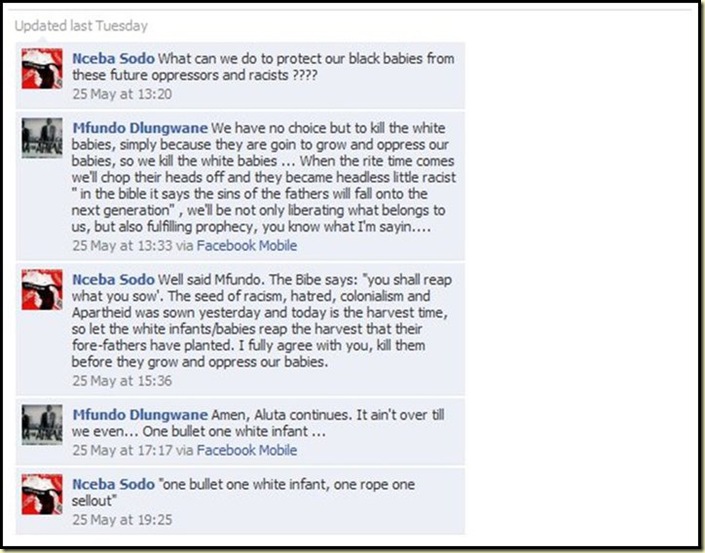 kill white babies threaten black racists May 25 2010 FACEBOOK