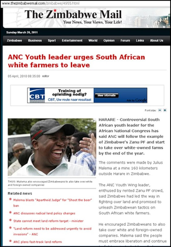 Antiwhite hatespeech White Man murdered claim Julius Malema article ZimMail JULIUS MALEMA ALL WHITE FARMERS MUST LEAVE