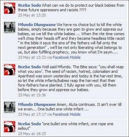 ONE BULLET ONE WHITE INFANT Sodo Nceba hatespeech FacebookMay252010A3