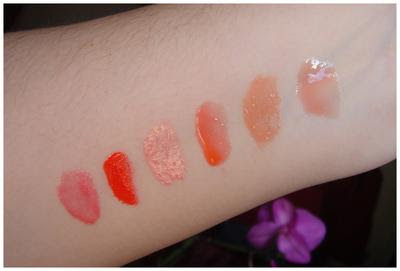 I gloss per l'estate 2010: nyx peach, illamasqua  temper, sephora 12, makeupforever 2, kiko 01, clinique 03