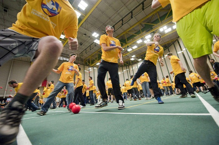 Two thousand and twelve students try to reclaim the Guinness World Record for most people in a dodge ball game, in Edmonton, Alberta, on Friday, February 4, 2011. The record attempt at the Butterdome, Universiade Pavilion on the University of Alberta campus eclipsed the current record which was set by just over 1700 students. THE CANADIAN PRESS/John Ulan