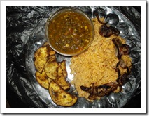 Nivedita's brown rice, green veg and curry