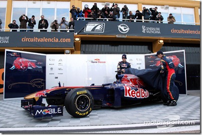 01.02.2011 Valencia, Spain,  Jaime Alguersuari (ESP), Scuderia Toro Rosso and SÈbastien Buemi (SUI), Scuderia Toro Rosso unveil the STR6 - Scuderia Toro Rosso STR6 Launch - Formula 1 World Championship - www.xpb.cc, EMail: info@xpb.cc - copy of publication required for printed pictures. Every used picture is fee-liable © Copyright: Davenport / xpb.cc