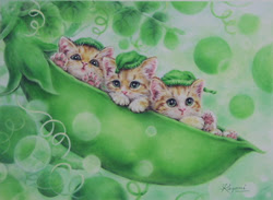 "Peapod Babies"  cat kitten bin بچه گربه ها در غلاف لوبیا یا نخود فرنگی در باغ مزرعه سبز دانه پیچک پیچی گوله گلوله بچه گربه ها در غلاف لوبیا یا نخود فرنگی در باغ مزرعه سبز دانه پیچک پیچی گوله گلوله نقاشی کایومی نقاش ژاپنی تبار طبیعی جالب توجه زیبا