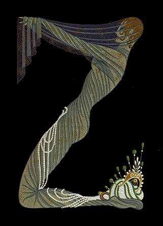 نقاشی ارت ارته تکه دوزی گلدوزی گل زن دختر زانو زده دستها را جلو گرفته به شکل حرف Z انگلیسی زمینه سیه سیاه مشکی لباس توری جواهرات گردنبندهای مروارید گردن بند های مرواریدی تاج زمرد نشان جواهر نشان هنر هنری artistic art artist arts artists هنرمند Erte Art Gallery