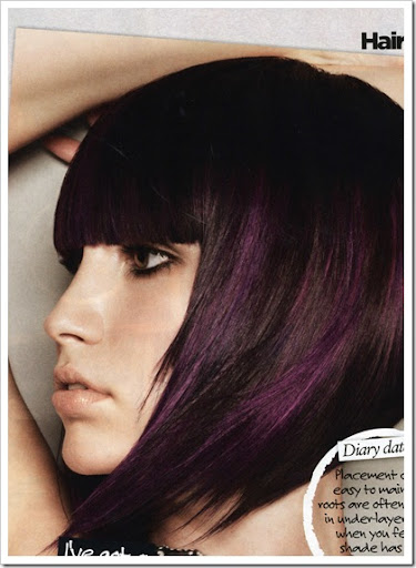 black hair with purple highlights. lack hair with purple