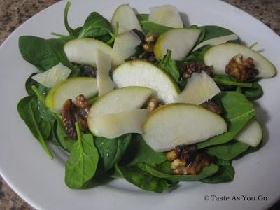 Baby Spinach Salad with Warm Olive Oil, Walnuts, and Comice Pears | Taste As You Go