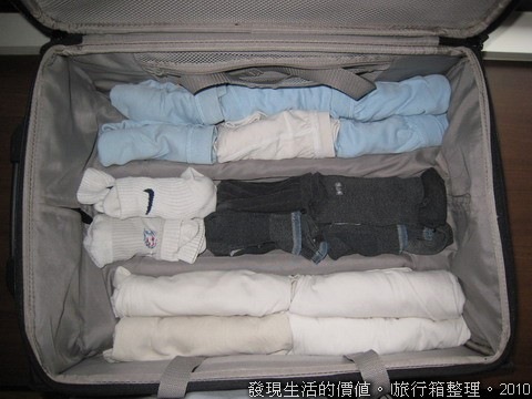 我的行李箱因為底層有一些肋條，所以我都會用內衣褲及襪子把行李箱的底層全部填滿，目的是避免衣服、褲子放上去後因為不平整而有皺摺。