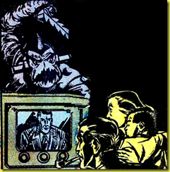 Cartoon drawing of 1950's family watchign TV while alien monster looks on from vintage comic book