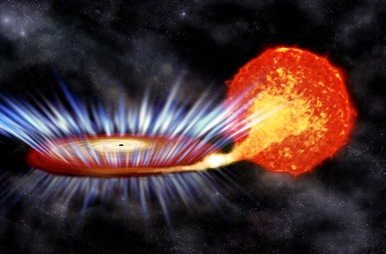 ilustração de um buraco negro absorvendo matéria da estrela