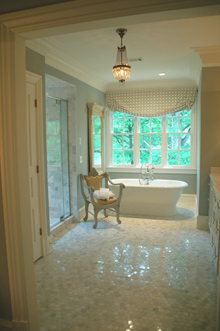 Farrow and Ball Light Blue and marble tiles in a bathroom