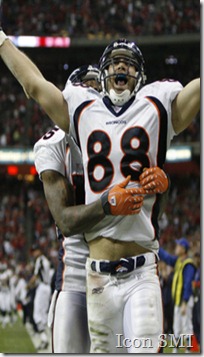 13 December 2007:
Denver Broncos tight end Tony Scheffler (88) celebrates after scoring a touchdown in the second half of the Denver Broncos vs. Houston Texans football game at Reliant Stadium on Thursday December 13, 2007 in Houston, Texas. Houston won 31-13. 