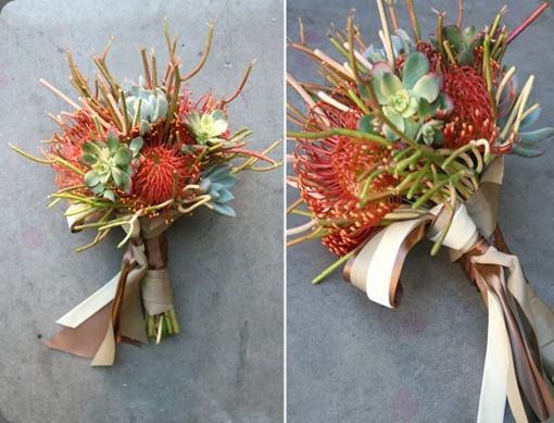 Bridal bouquet succulents, pencil cactus and pin cushion proteas. arrangements designs