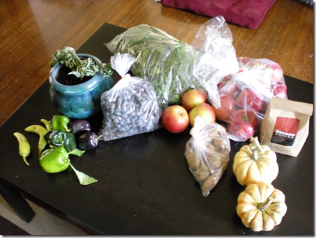 peppers, concord grapes, swischard, apples, sweet potatoes, coffee, carnival squash 