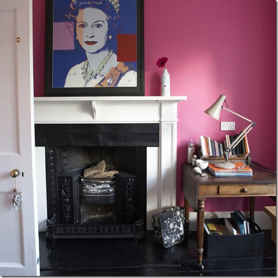 Pink living room fireplace Andy Warhol Queen Elizabeth II print artwork poster vintage antique leaf table real home L etc 01/2008 Pub Orig