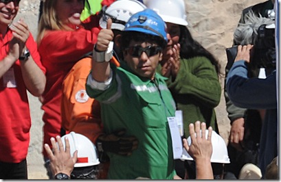 Victor Zamora gives the cameras a thumbs up after being saved from the mine. (Photo: AFP/Getty Images)