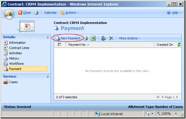 Associated View of Invoiced CRM Contract with New Button