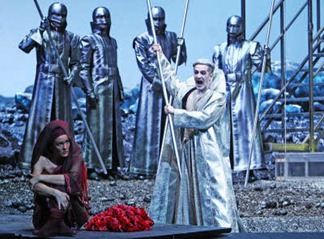 Max Emanuel Cencic [right] as the Herold in the world premiere of Aribert Reimann's MEDEA at the Wiener Staatsoper, with soprano Marlis Petersen as Medea [left]