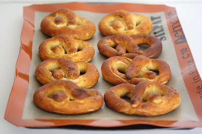 photo of baked pretzels on a baking sheet