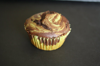 close-up photo of one Matcha Chocolate Swirl Cupcake