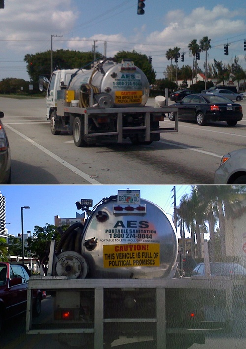 photo of sanitation truck with a funny political bumper  sticker