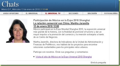 Chat en El Universal sobre la participación de México en la Expo 2010 Shanghái