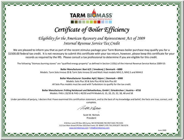 Certificate of Boiler Efficiency Tarm Biomass August 5, 2010