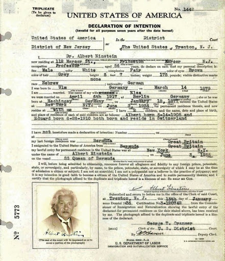 Декларация, заполненная Альбертом Эйнштейном при въезде в США15 января 1936