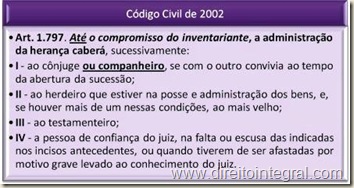 Código Civil de 2002, art. 1797: Administração da Herança, até a nomeação do inventariante.
