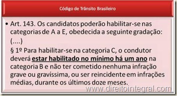 Código de Trânsito Brasileiro. Art. 143, §1º. Tempo mínimo para emissão de carteira de motorista categoria "C".