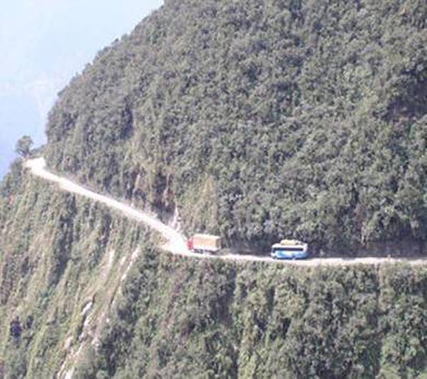 Bolivian Highway - Deadly Bolivian Highway - Bus and truck on the dangerous road