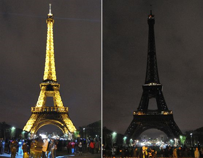 The Eiffel tower submerging into darkness in Paris as part of the Earth Hour switch-off in 2010. Getty Images