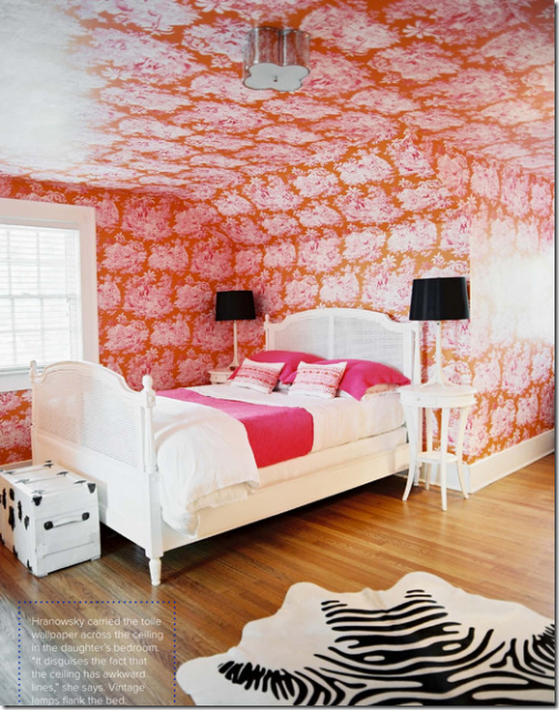 pink orange toile wallpaper girls bedroom