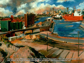 plein air oil painting of Sydney Harbour from the roof of the Pyrmont Power Station by industrial heritage artist Jane Bennett