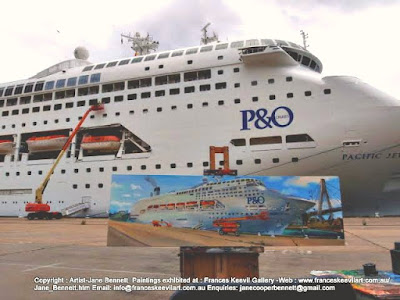 Painting the Pacific Jewel en plein air at Glebe Island Wharf painted by industrial heritage artist Jane Bennett