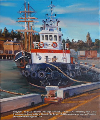 tug ''Edi' and 'Southern Swan' at White Bay Wharf  oil painting by artist Jane Bennett