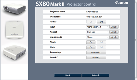 SX80 Mark II Projector Control Network Web Page