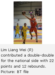 Lim Liang Wei (R) contributed a double-double for the national side with 22 points and 12 rebounds. Picture: BT file 