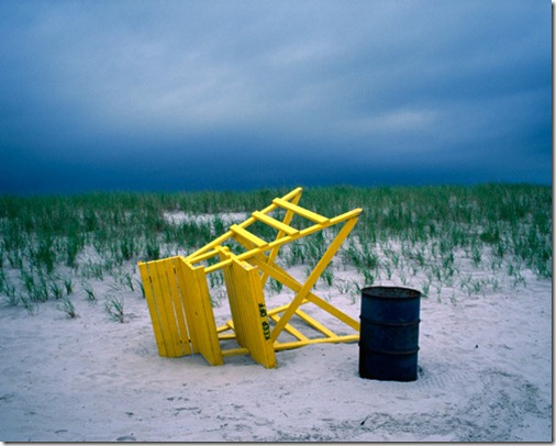 beach, ocean, dunes, clouds, sand, sky, lifeguard stand, bench, yellow