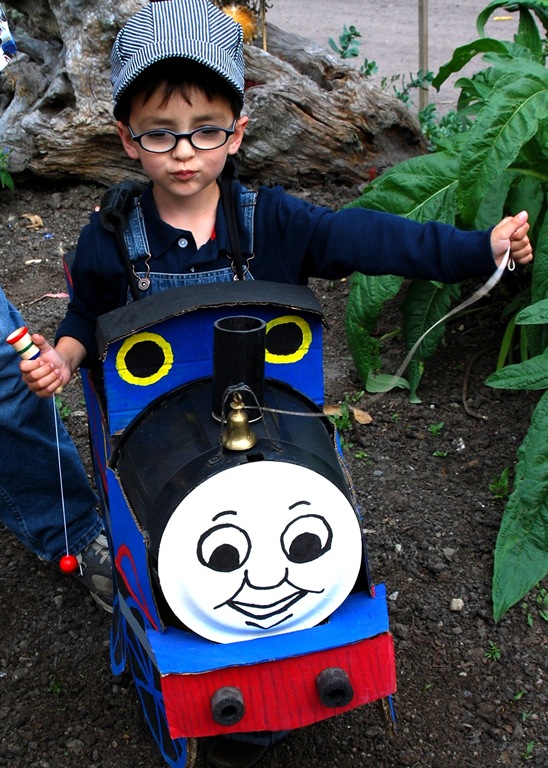 Aiden wearing a thomas costume that someone made